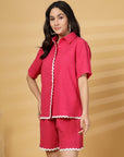 Red Solid Cotton Shirt With Sord Co-Ords