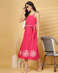 Pink Solid Self Design Shoulder Straps Dress