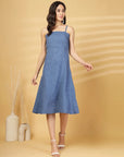 Blue Solid A-line Shoulder Straps Dress