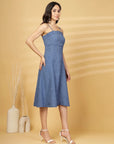 Blue Solid A-line Shoulder Straps Dress