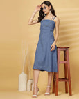 Blue Solid A-line Shoulder Straps Dress