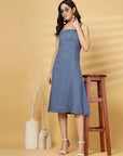 Blue Solid A-line Shoulder Straps Dress