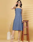 Blue Solid A-line Shoulder Straps Dress