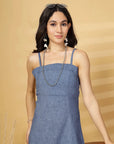 Blue Solid A-line Shoulder Straps Dress
