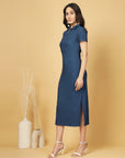 Solid Blue Shirt Collar fit & flare Dress