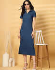 Solid Blue Shirt Collar fit & flare Dress