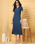 Solid Blue Shirt Collar fit & flare Dress