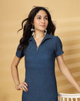 Solid Blue Shirt Collar fit & flare Dress