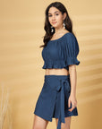 Blue Solid Top With Skirt Co-Ords Set