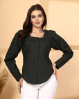 Women Olive Opaque Casual Buttoned Top