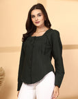 Women Olive Opaque Casual Buttoned Top