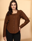 Women Brown Opaque Casual Buttoned Top