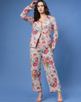 Floral Printed Shirt Collar Top With Trousers