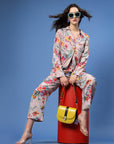 Floral Printed Shirt Collar Top With Trousers