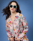 Floral Printed Shirt Collar Top With Trousers