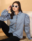 Women Solid Light Blue Denim Buttoned Top