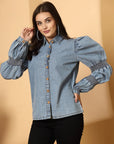 Women Solid Light Blue Denim Buttoned Top