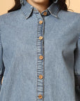 Women Solid Light Blue Denim Buttoned Top