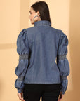 Women Solid Blue Denim Buttoned Top