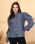 Women Solid Blue Denim Buttoned Top