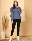Women Solid Blue Denim Buttoned Top
