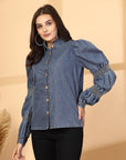 Women Solid Blue Denim Buttoned Top