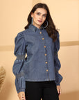 Women Solid Blue Denim Buttoned Top