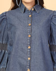 Women Solid Blue Denim Buttoned Top