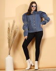 Women Solid Blue Denim Buttoned Top