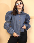 Women Solid Blue Denim Buttoned Top