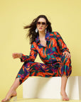 Orange & Blue Abstract Printed Long Sleeves Shirt & Trouser