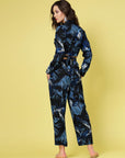 Navy Blue White Printed Shirt Collar Crop Top Trousers