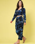 Navy Blue White Printed Shirt Collar Crop Top Trousers