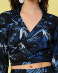 Navy Blue White Printed Shirt Collar Crop Top Trousers