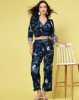 Navy Blue White Printed Shirt Collar Crop Top Trousers