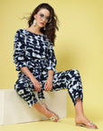 Abstract Printed Boat Neck Tie Up Top Trouser