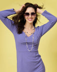 Purple Square Neck Puff Sleeve Sheath Dress