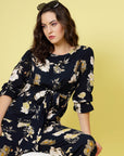 Black Beige Floral Printed Top With Trouser