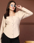 Women Beige Opaque Casual Buttoned Top