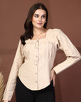 Women Beige Opaque Casual Buttoned Top