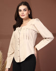 Women Beige Opaque Casual Buttoned Top