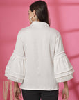 Women White Solid Spread Collar Casual Buttoned Top