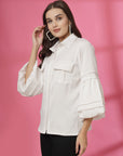 Women White Solid Spread Collar Casual Buttoned Top