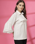 Women White Solid Spread Collar Casual Buttoned Top