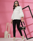 Women White Solid Spread Collar Casual Buttoned Top