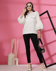 Women White Solid Spread Collar Casual Buttoned Top