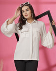 Women White Solid Spread Collar Casual Buttoned Top
