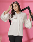 Women White Solid Spread Collar Casual Buttoned Top