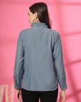 Women Blue Floral Embroidered Cotton Buttoned Top
