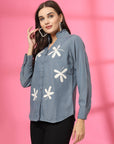 Women Blue Floral Embroidered Cotton Buttoned Top